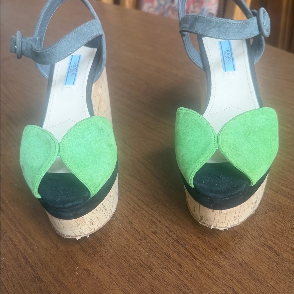 Prada Green Suede Heart-Front Cork Platform Sandals with Gray Ankle Strap